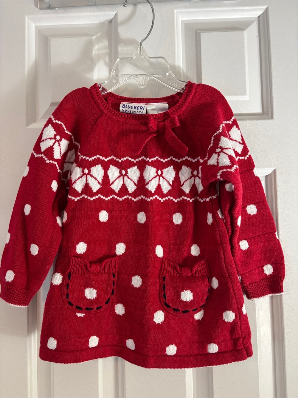Blueberi Boulevard Red Knit Sweater Dress with White Polka Dots
